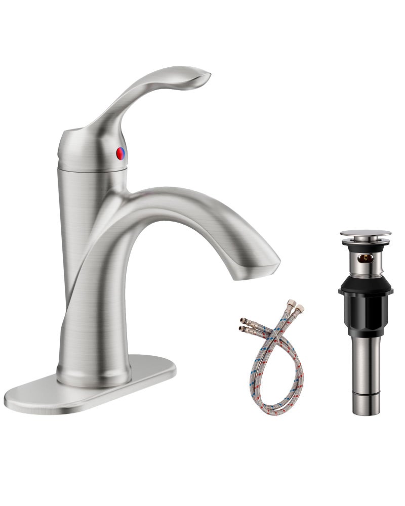Homevacious Brushed Nickel Bathroom Faucet 1 Hole One-Handle Lever Bathroom Sink Faucets Bath Rustic Lavatory Basin Mixer Tap with Pop Up Drain with Overflow Supply Hose - Image 1